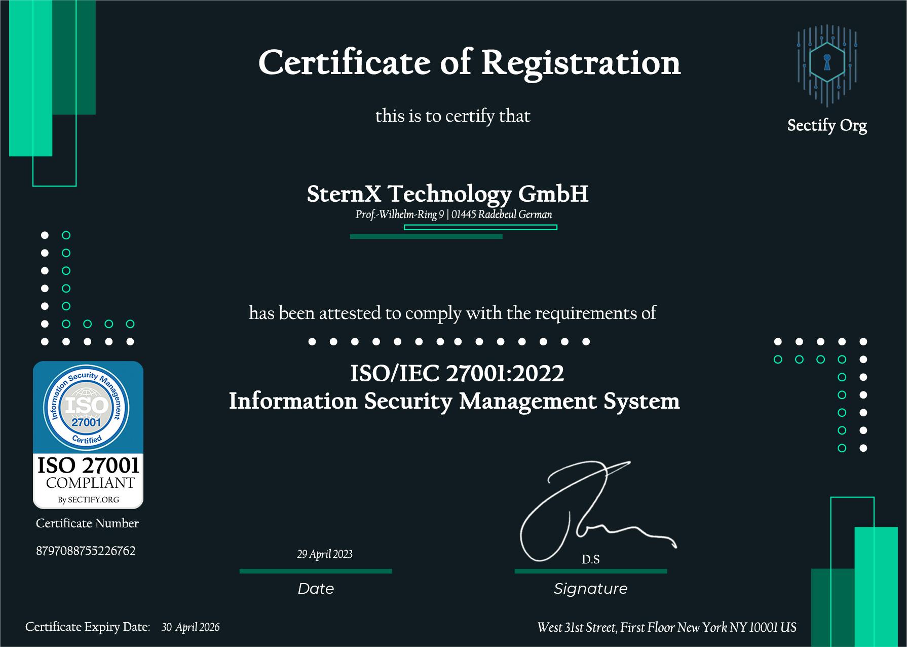 ISO 27001 certification by Sternx