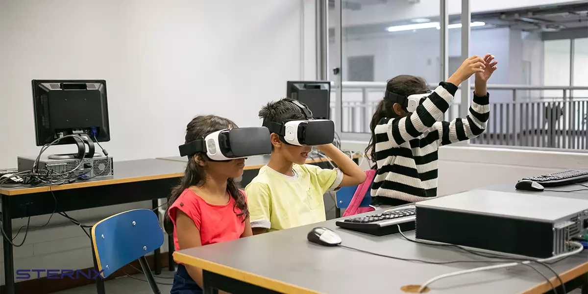 Students wearing VR headset in class