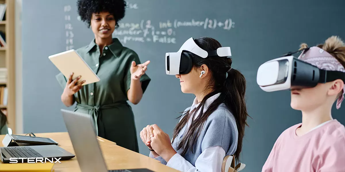 Students wearing VR headsets